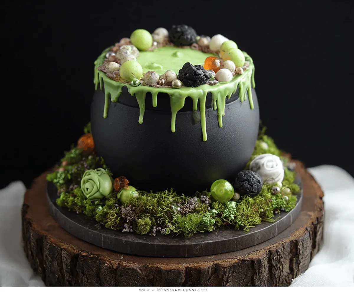 Delicious Witch Cauldron Cake topped with colorful frosting and edible decorations for Halloween dessert