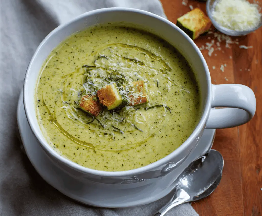 Creamy zucchini soup garnished with fresh herbs in a bowl, perfect for a healthy, homemade meal.