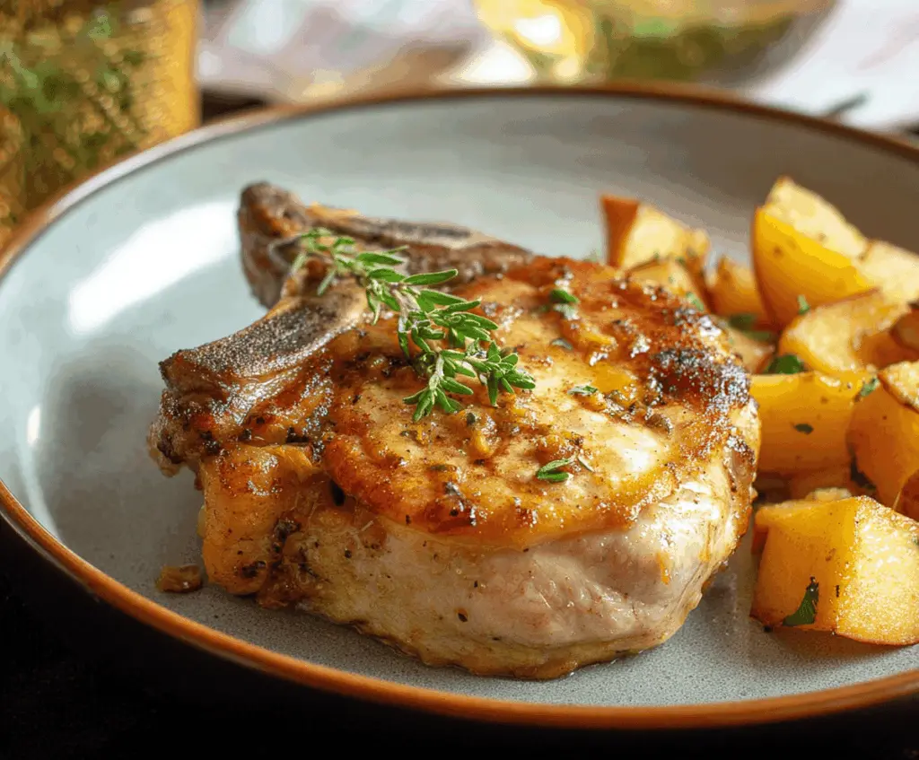 Juicy apple stuffed pork chops served on a white plate, garnished with herbs