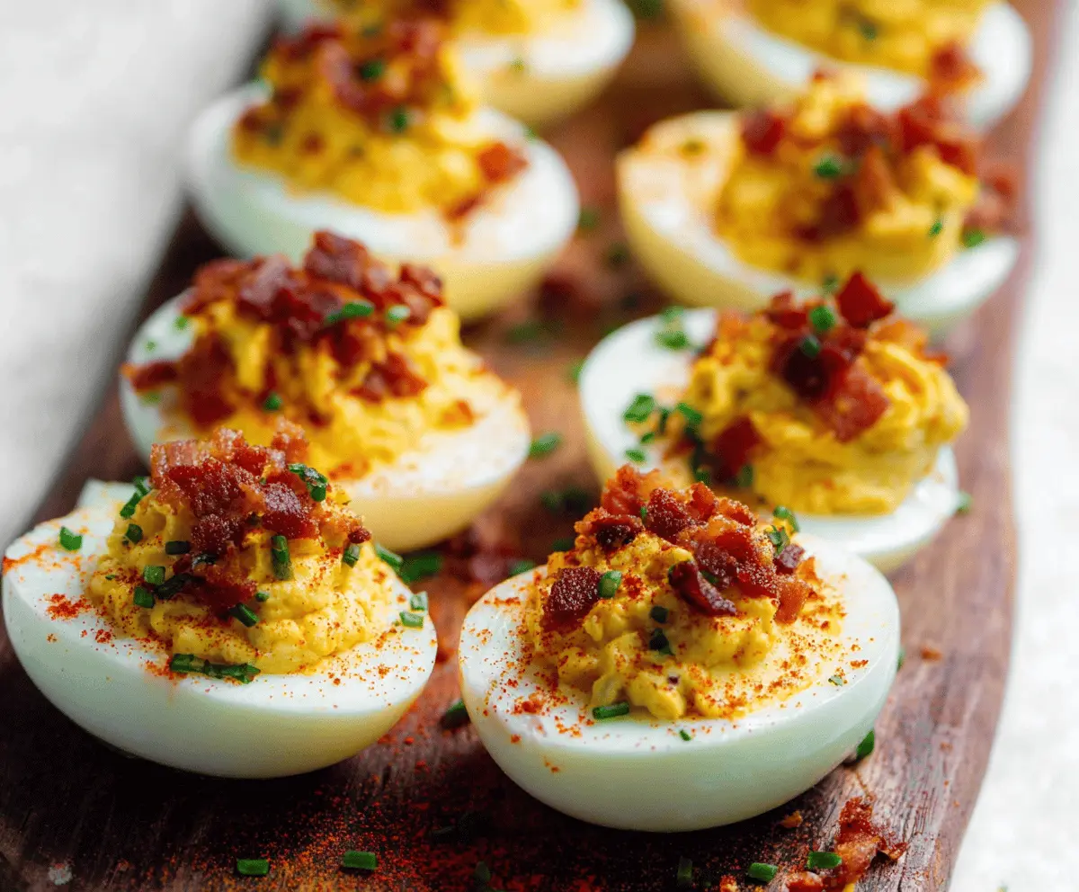 Bacon Deviled Eggs on a platter with garnishes, perfect for appetizers and party snacks.