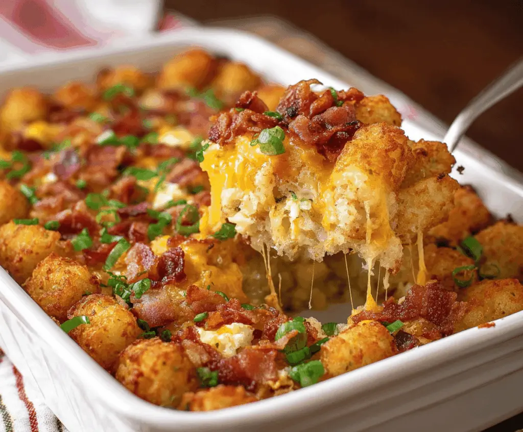 Delicious Bacon, Egg, and Tater Tot Casserole served in a baking dish, perfect for breakfast or brunch.