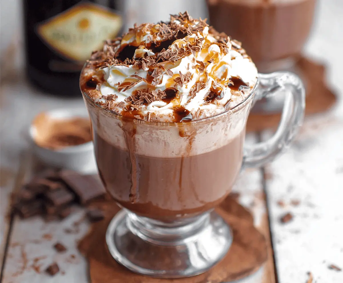Rich and creamy Baileys hot chocolate topped with whipped cream and chocolate shavings