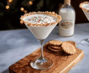 Creamy Baileys Sugar Cookie Martini served in a elegant cocktail glass garnished with sugar-rimmed edge.