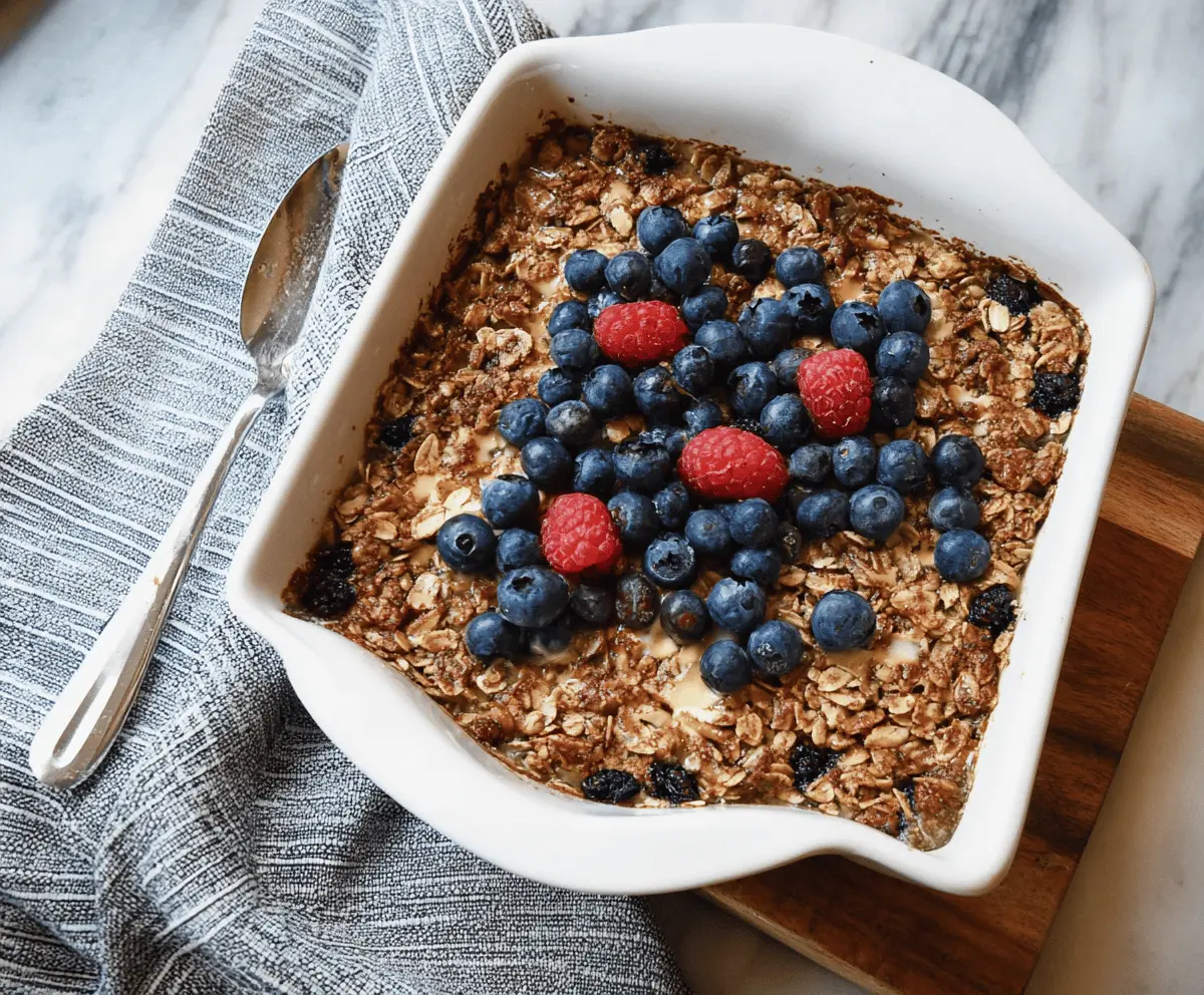 Delicious baked breakfast oatmeal in a white dish, topped with fresh berries and honey.