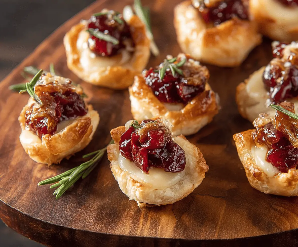 Delicious Baked Cranberry Brie Bites served on a platter with fresh cranberries and herbs.