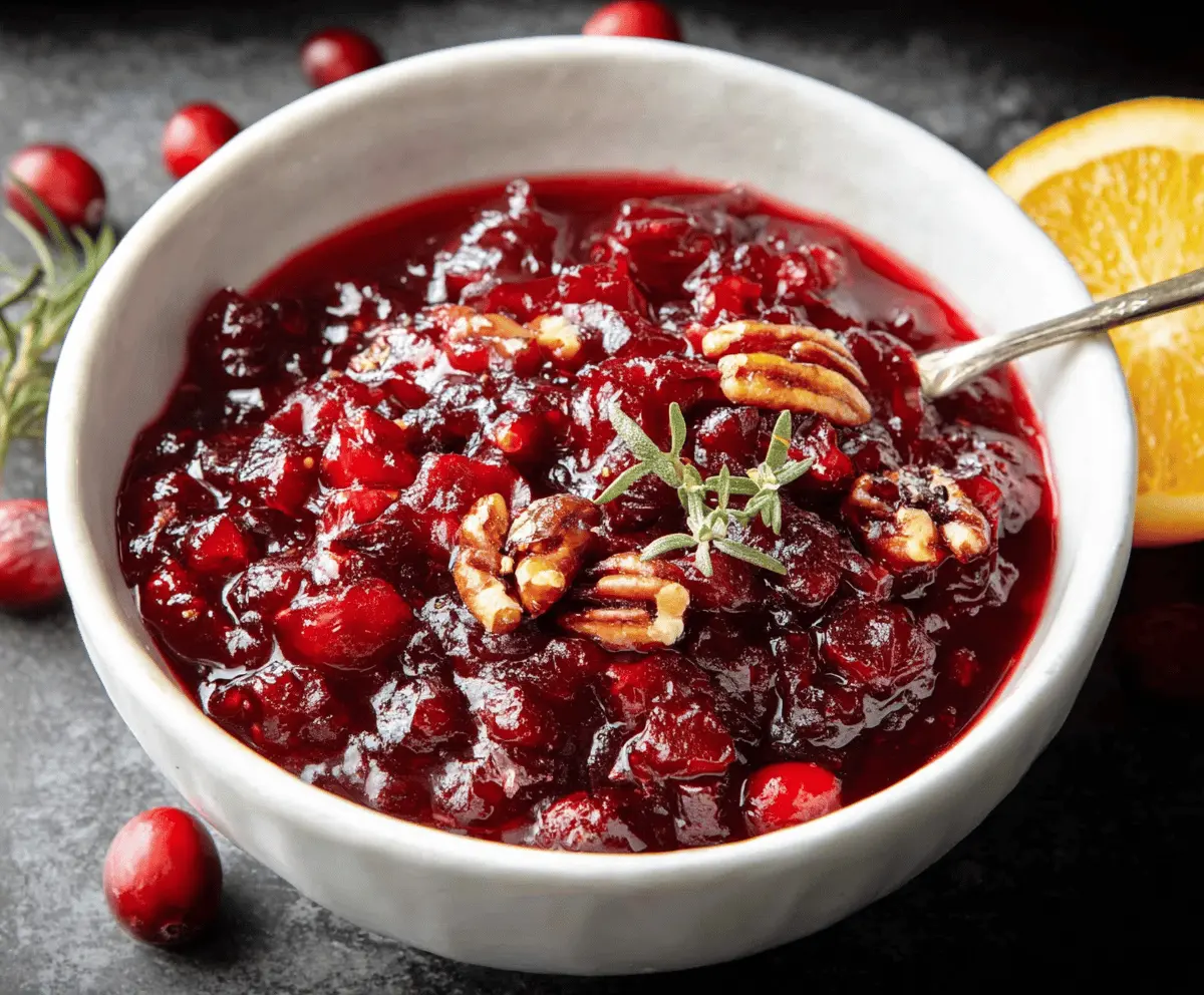 Delicious baked cranberry sauce served in a white bowl, garnished with fresh mint for a festive holiday dessert.