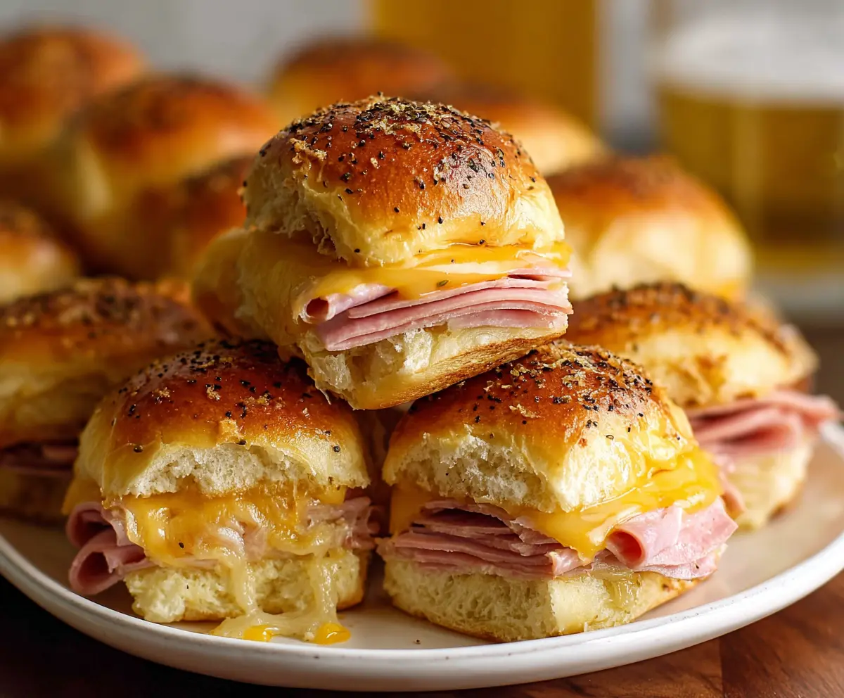 Delicious baked ham and cheese sliders hot from the oven, perfect for quick snacks and parties.