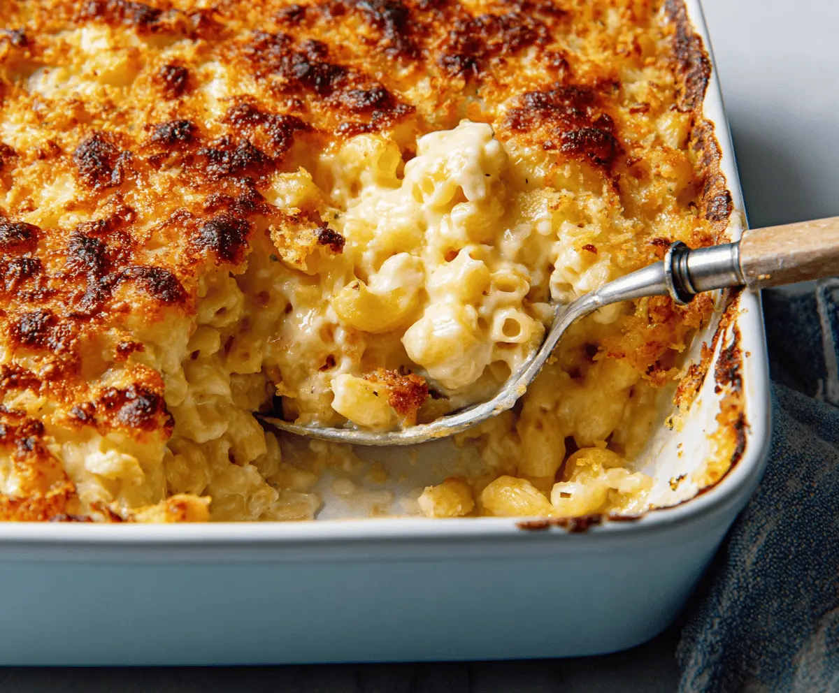 Delicious baked mac and cheese in a crispy golden crust served on a white plate.