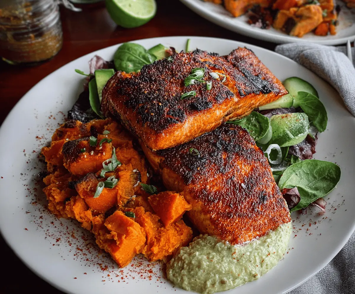 Delicious blackened salmon fillet served with roasted sweet potatoes on a plate.