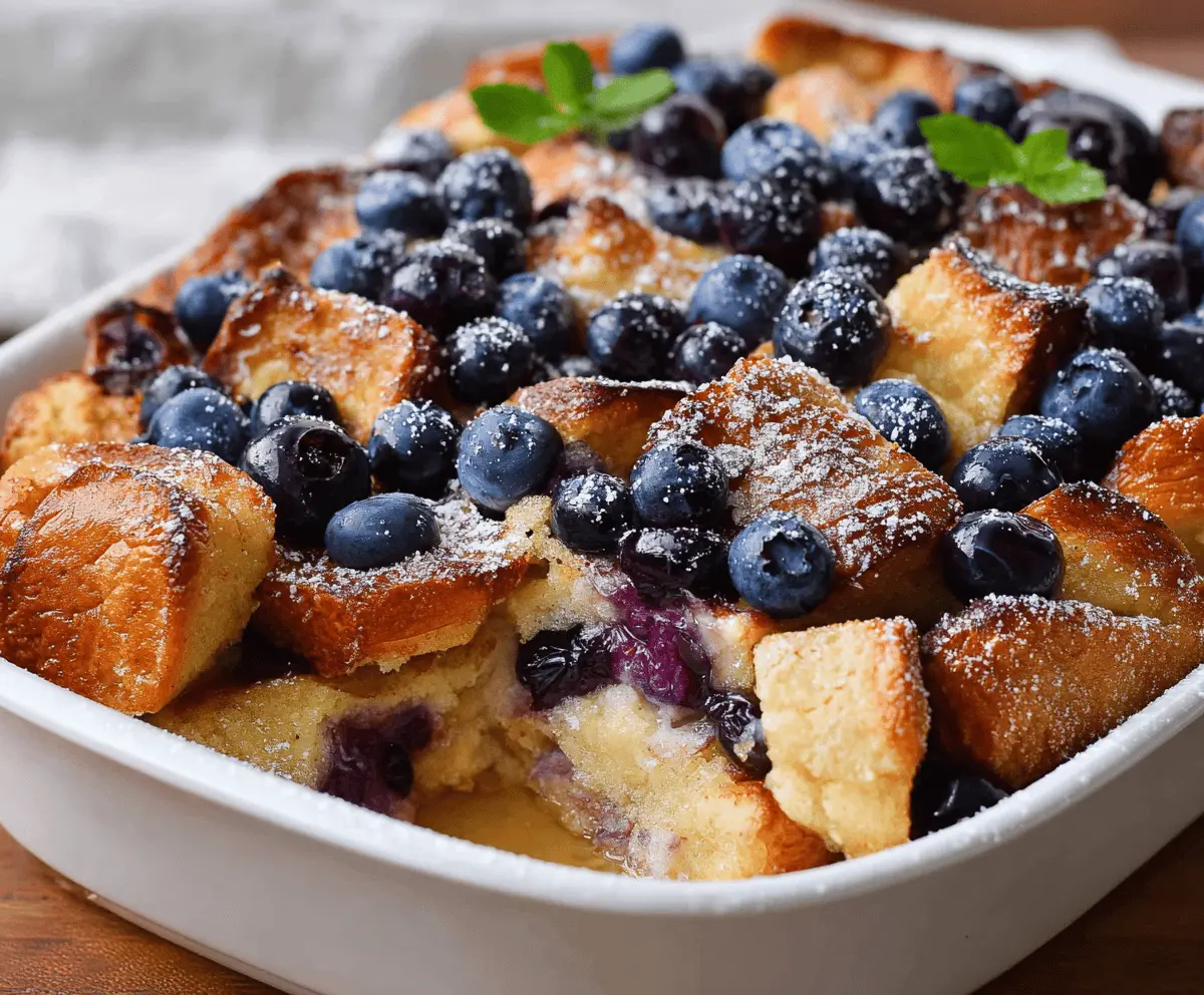 Delicious Blueberry French Toast Casserole topped with fresh blueberries and powdered sugar.