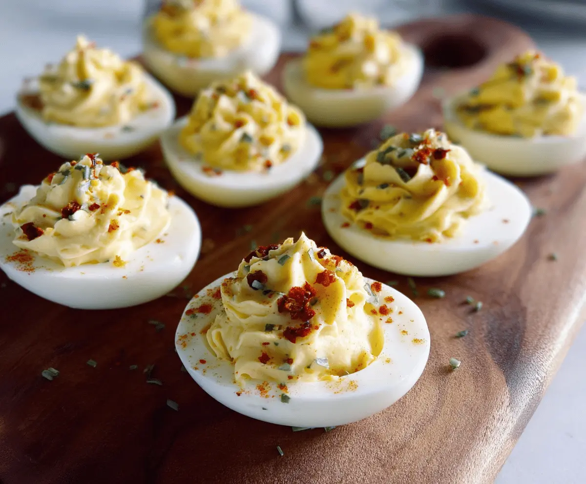 Delicious Boursin deviled eggs garnished with herbs on a white plate