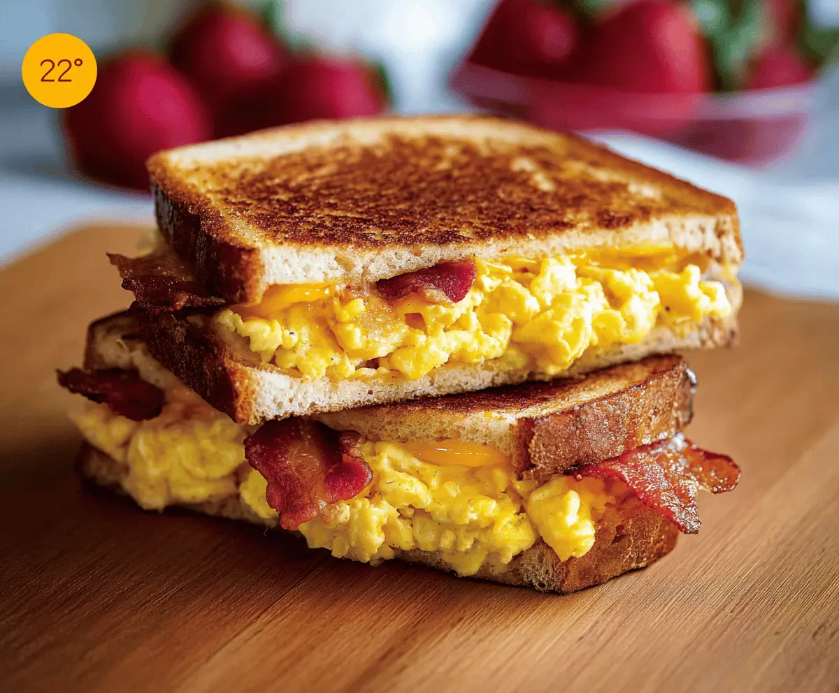 Delicious breakfast grilled cheese sandwich with scrambled eggs and crispy bacon on a plate.