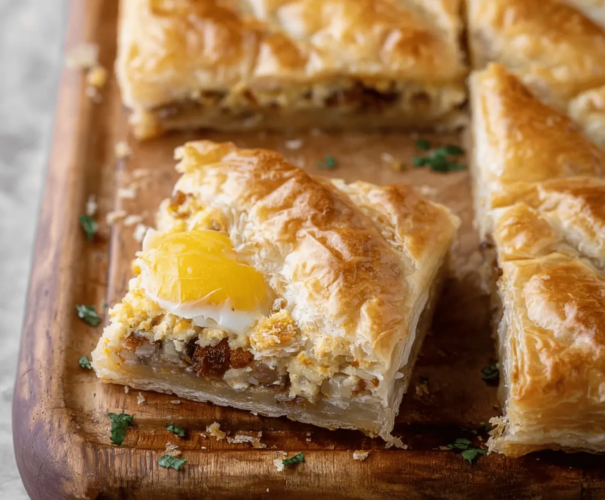 Delicious homemade breakfast stuffed puff pastry bars with cheese, eggs, and vegetables.