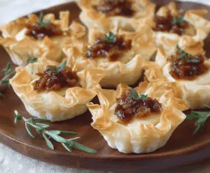 Delicious Brie and Bacon Phyllo Cups served on a platter, perfect for appetizers or parties.