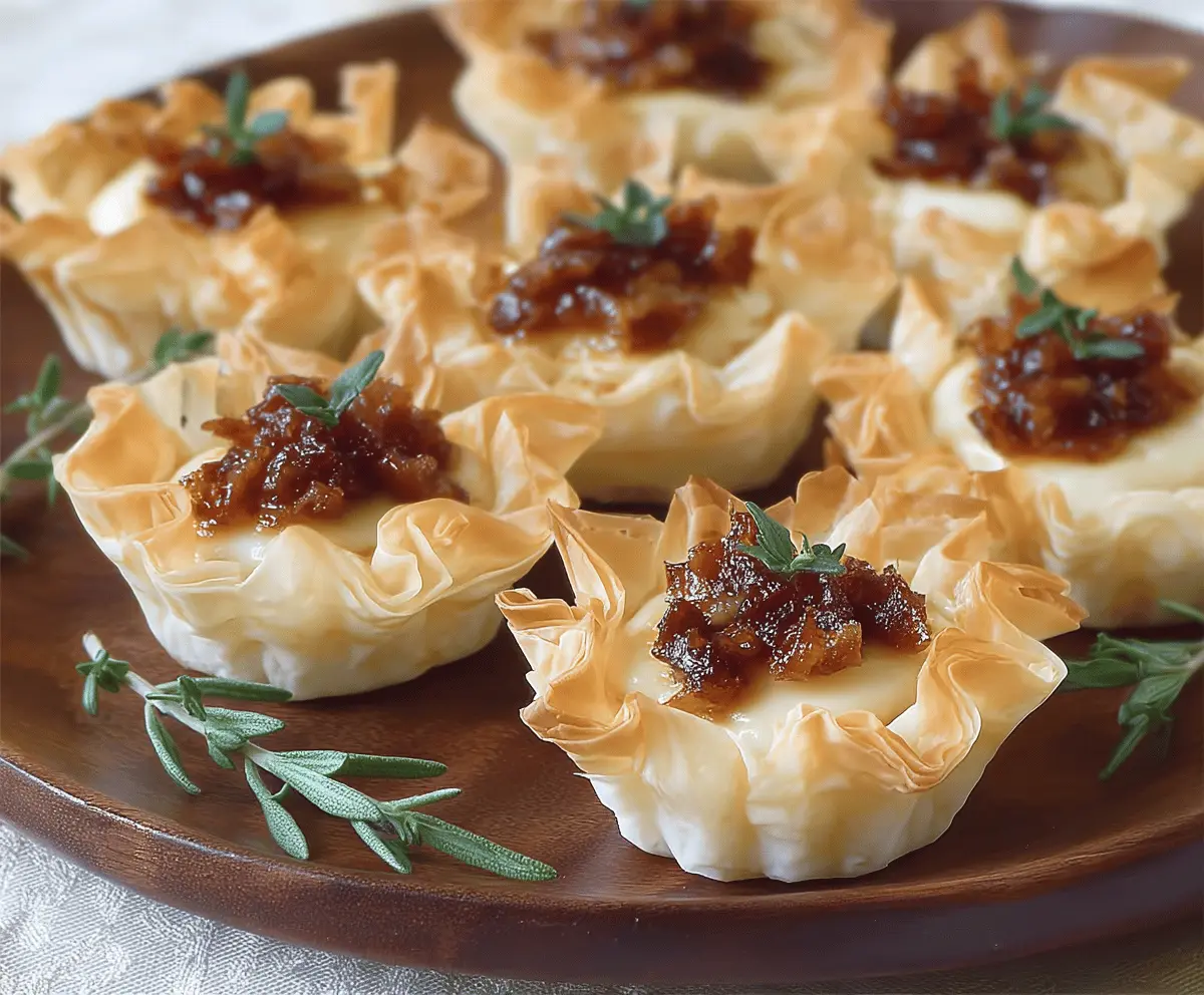 Delicious Brie and Bacon Phyllo Cups served on a platter, perfect for appetizers or parties.