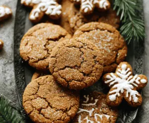 Delicious homemade brown butter gingerbread cookies on a rustic plate perfect for holiday baking.