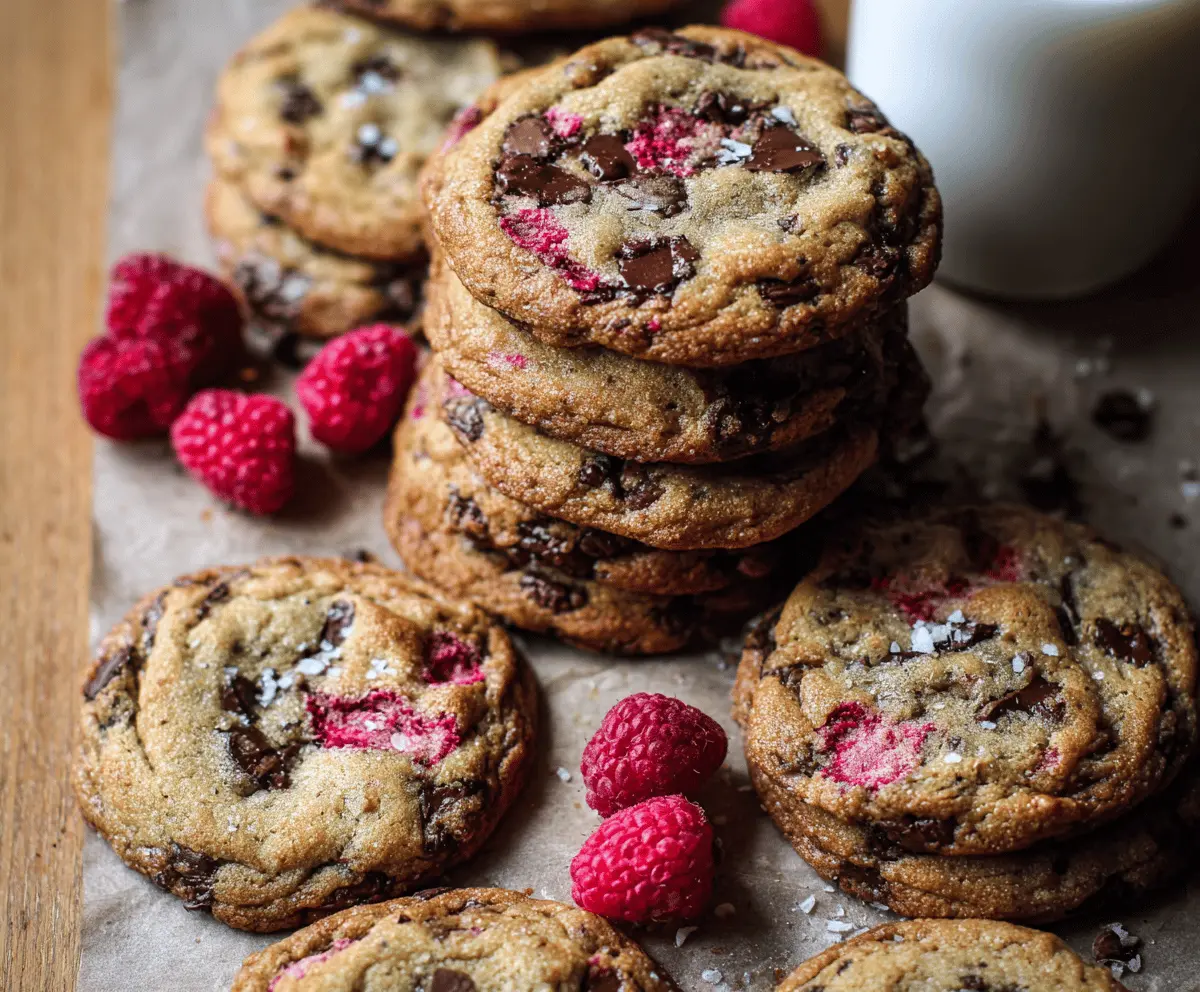 Delicious brown butter raspberry chocolate chip cookies fresh out of the oven.