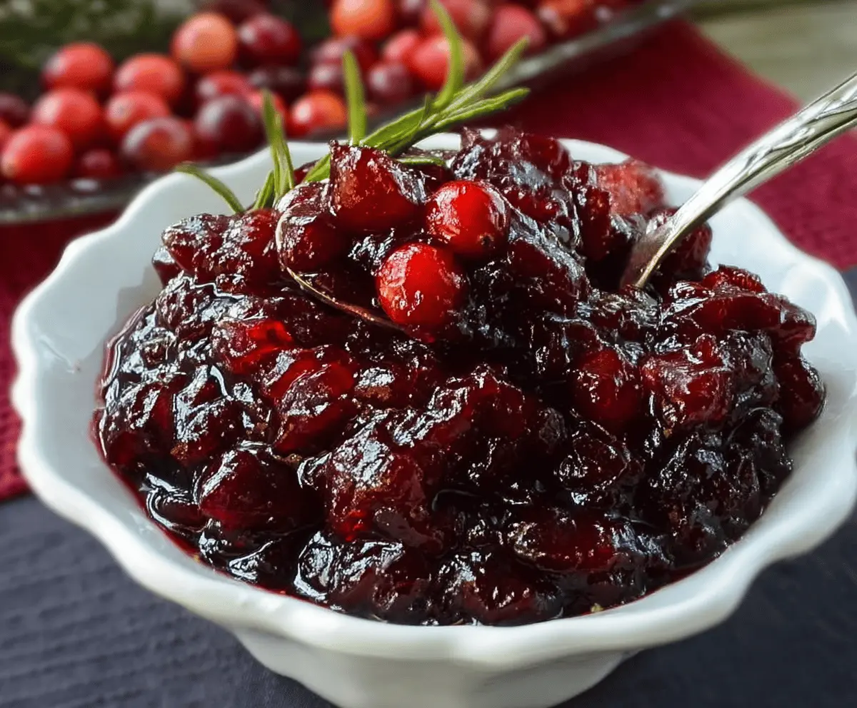 Glossy bowl of homemade brown sugar maple cranberry sauce with fresh cranberries and a drizzle of maple syrup.