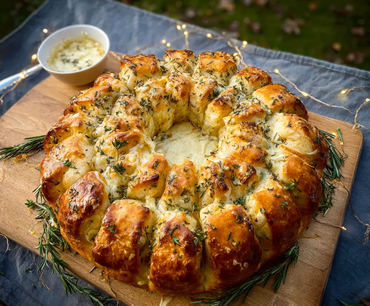 Delicious Camembert Pull-Apart Wreath served on a rustic wooden board, perfect for sharing at gatherings.