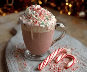 Delicious Candy Cane Hot Chocolate topped with whipped cream and crushed candy canes.