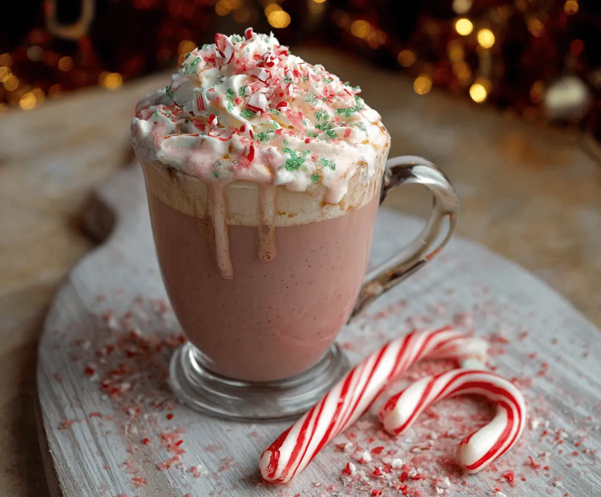 Delicious Candy Cane Hot Chocolate topped with whipped cream and crushed candy canes.