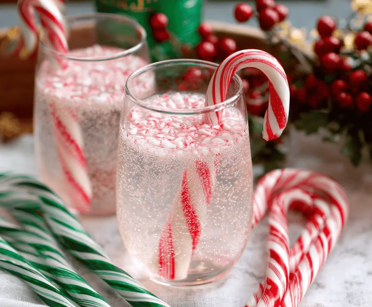 Refreshing Candy Cane Spritzer cocktail in a festive glass with a candy cane garnish for holiday celebration