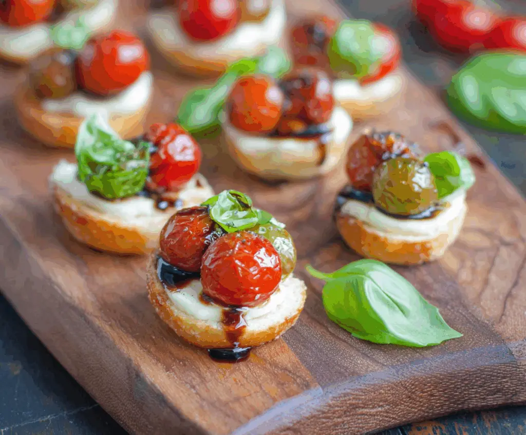 Plate of fresh Caprese Bites with cherry tomatoes, mozzarella, and basil for a delicious appetizer.