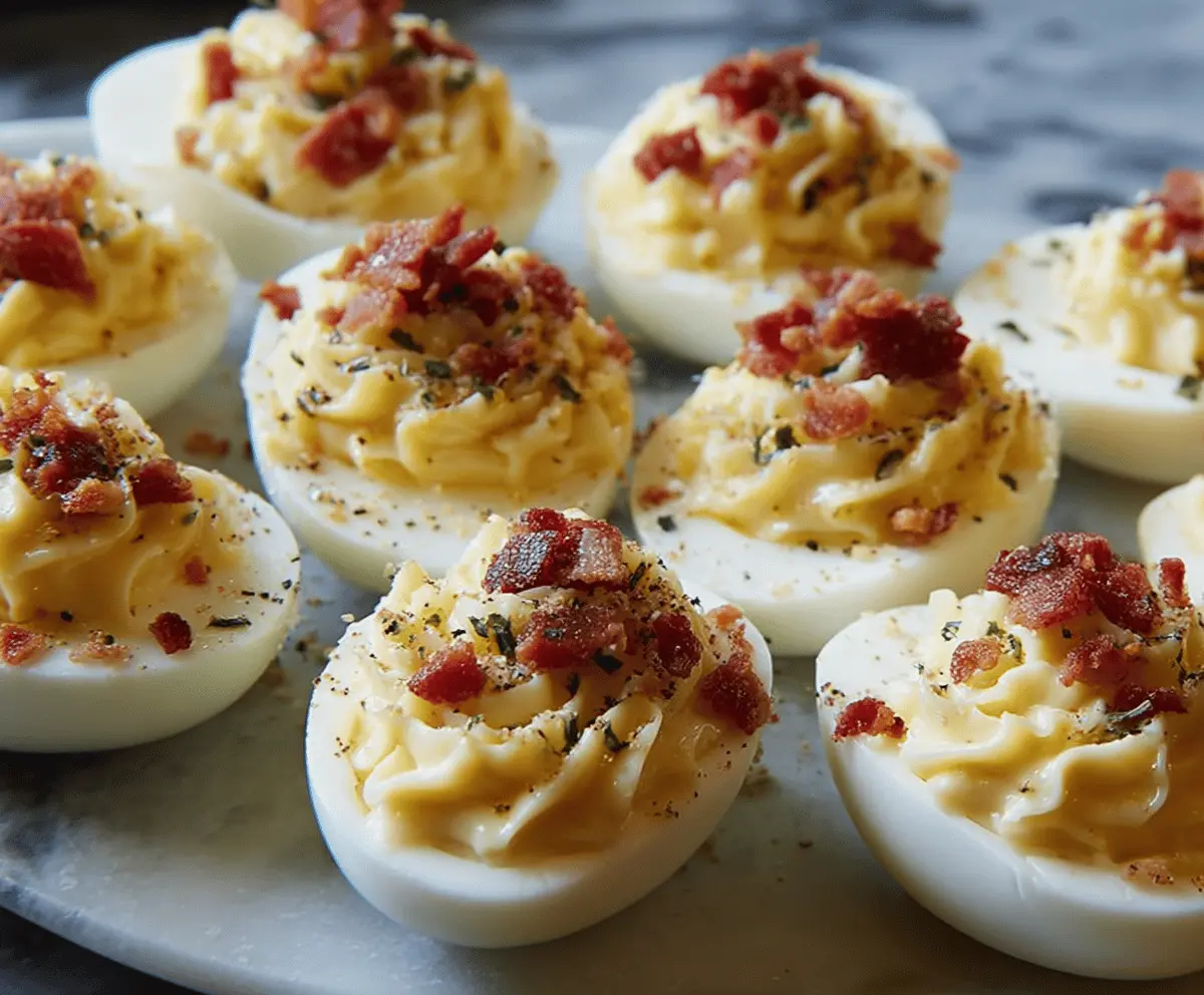 Delicious Carbonara Deviled Eggs garnished with herbs and crispy bacon for a savory appetizer.