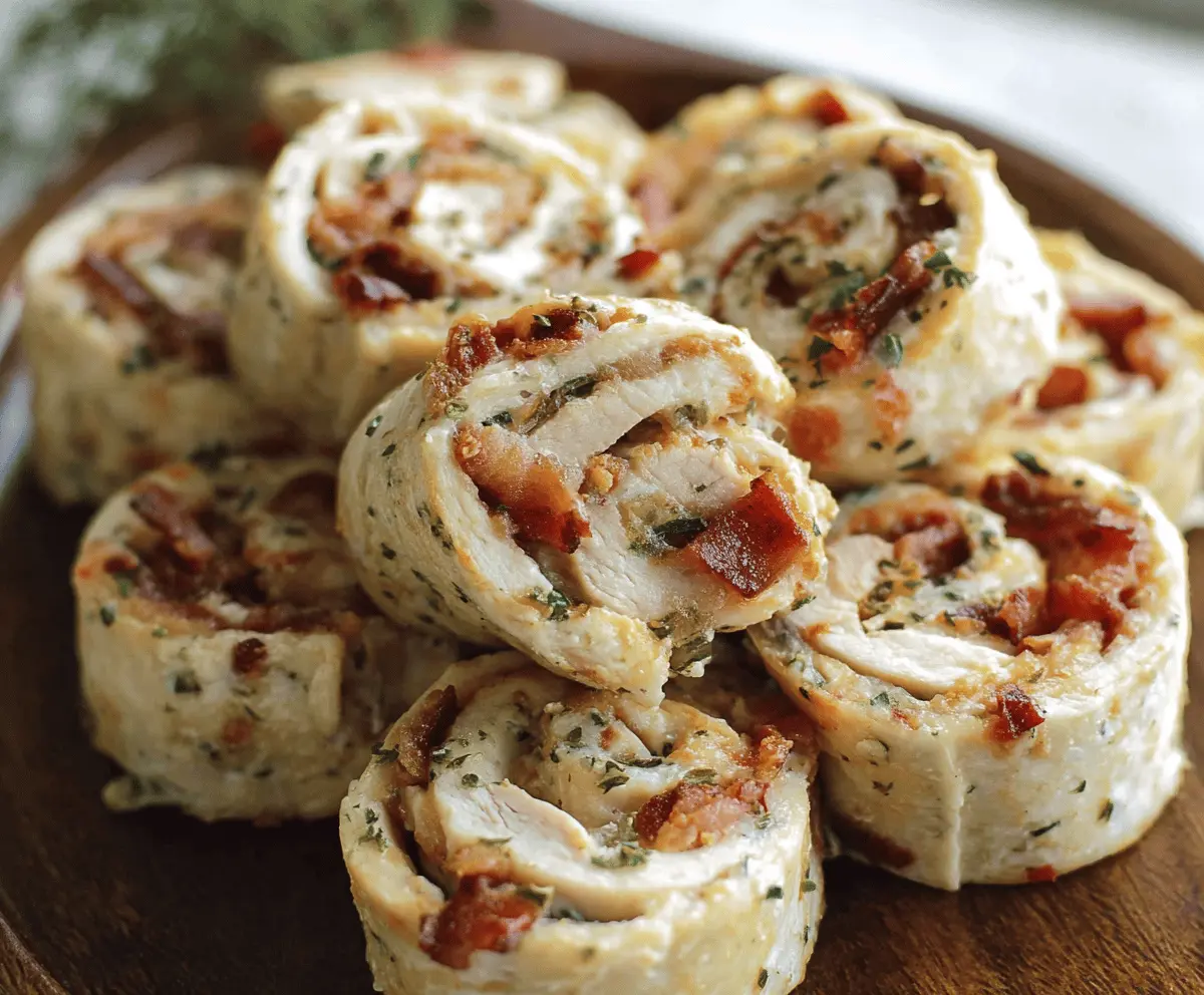 Delicious Chicken Bacon Ranch Pinwheels sliced for serving on a wooden platter