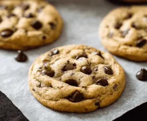 Golden-brown chocolate chip cookies fresh out of the oven on a baking tray.