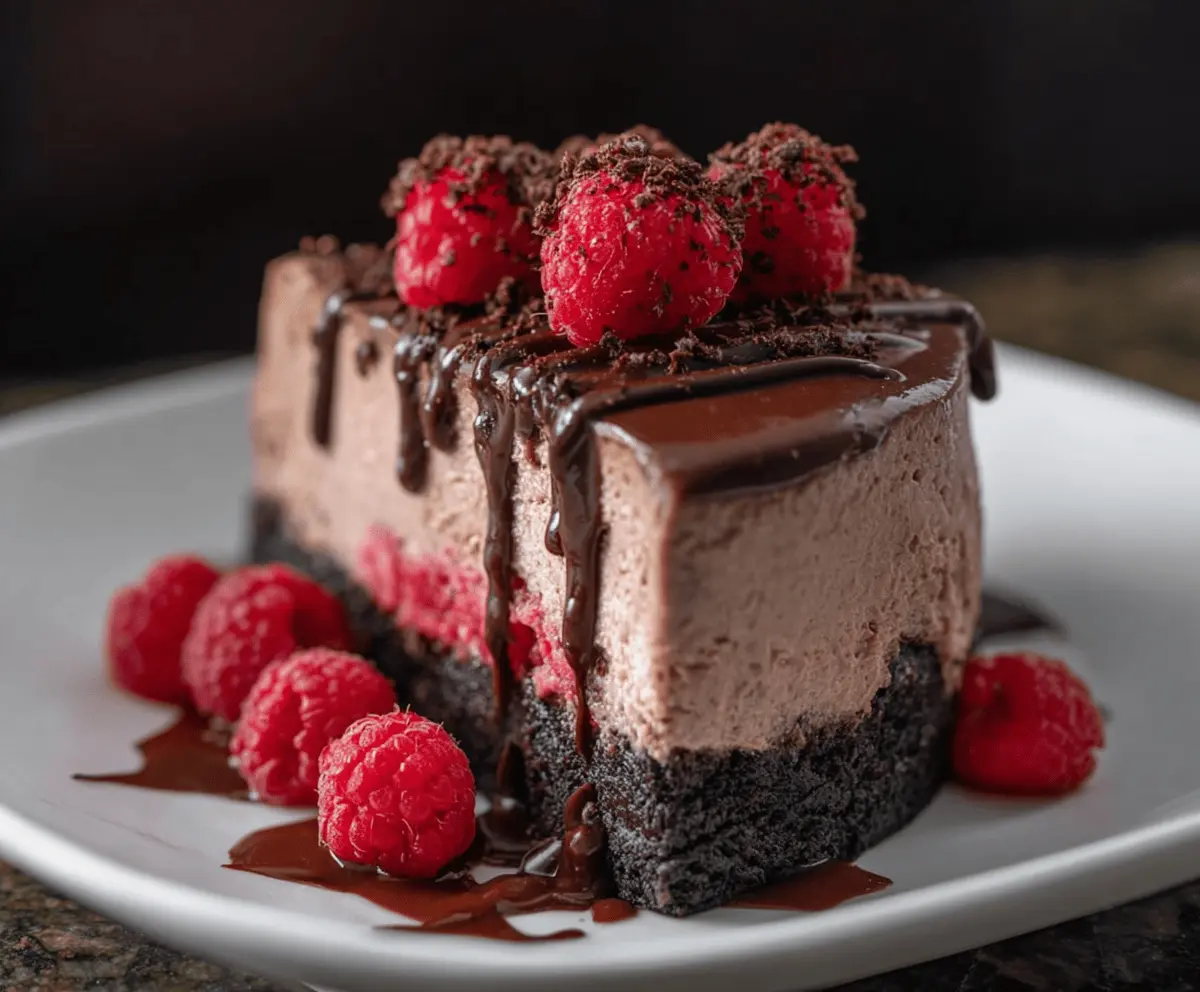 Delicious chocolate raspberry cheesecake with rich layers and fresh fruit topping