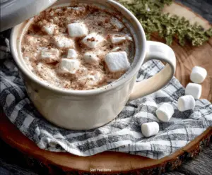 Comforting Christmas Eve Crockpot Hot Chocolate with whipped cream and chocolate shavings in a cozy mug.