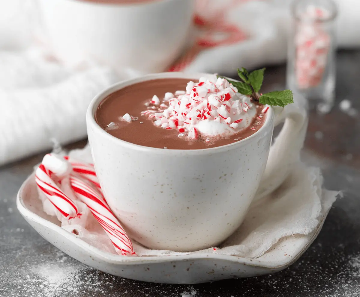 A festive mug of Christmas peppermint hot chocolate topped with whipped cream and crushed peppermint candies.