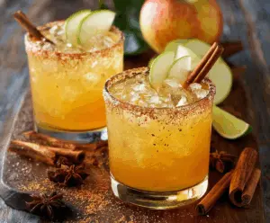 Refreshing Cinnamon Apple Cider Margarita with cinnamon sticks and apple slices on a rustic table.