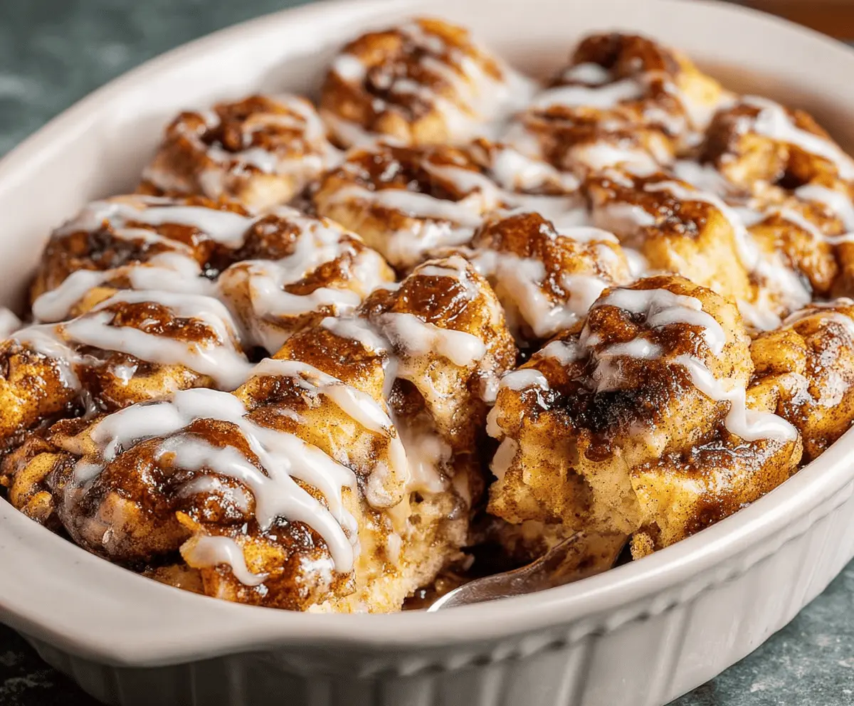 Delicious Cinnamon Roll Casserole topped with icing, perfect for breakfast or brunch.