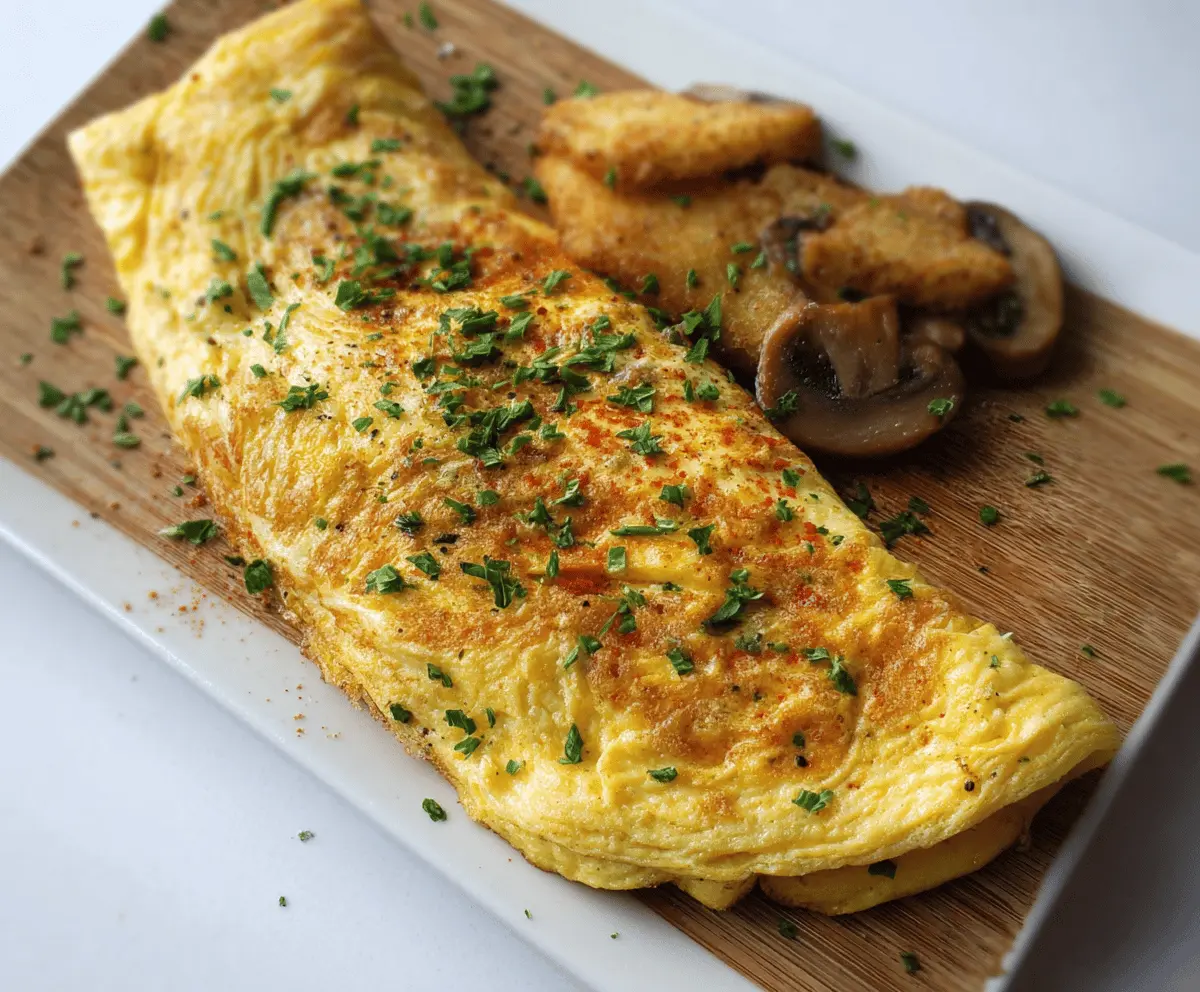 A fluffy classic omelet cooked to perfection with golden-brown edges on a white plate.