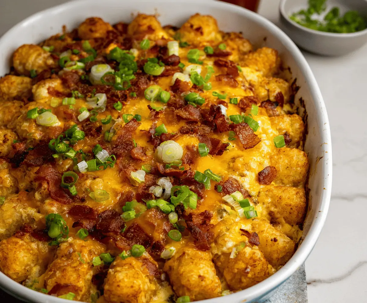 Delicious Crack Breakfast Casserole with crispy Tater Tots, eggs, cheese, and savory ingredients.