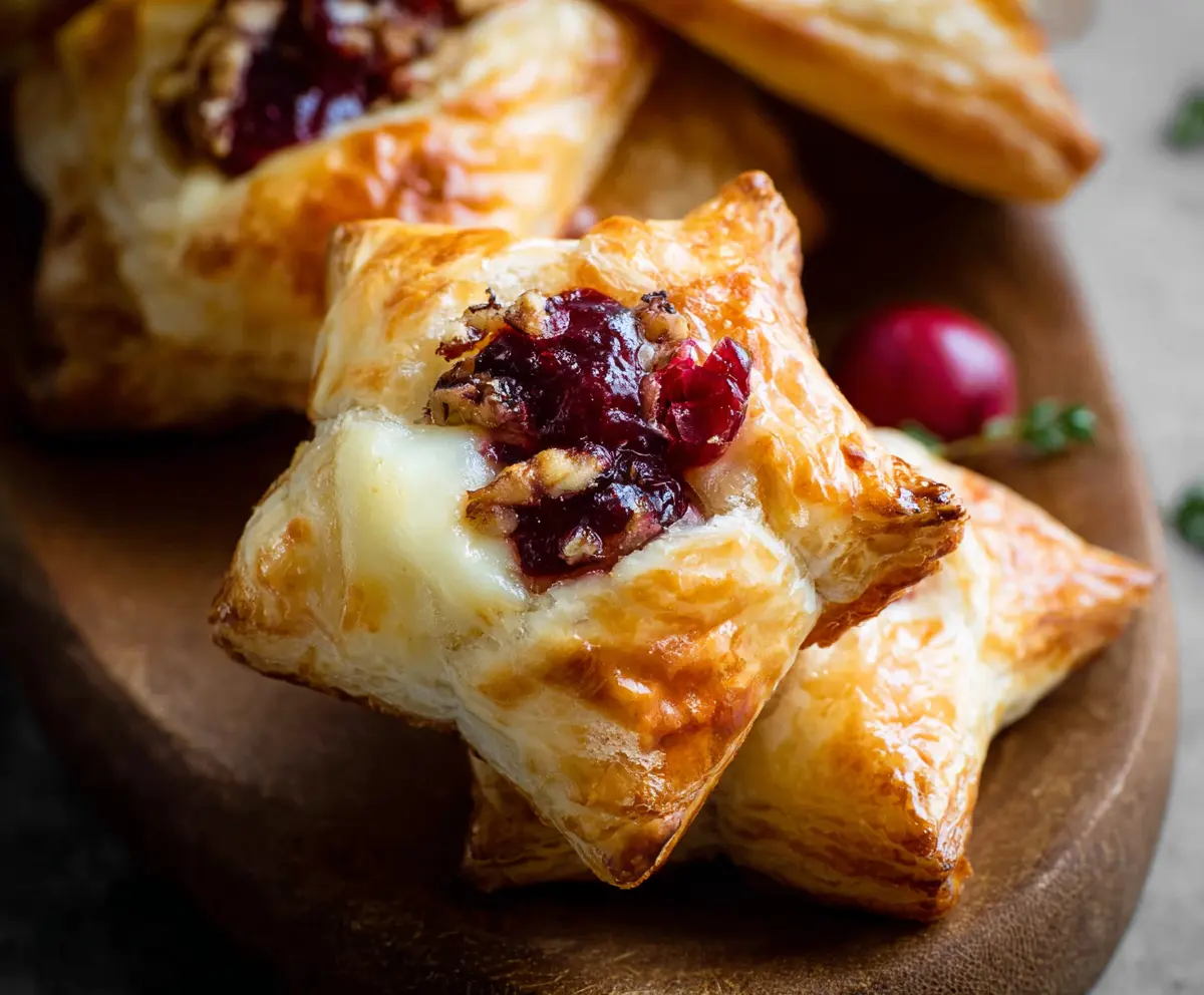 Golden Cranberry Brie Puff Pastry Stars with fresh cranberries and melted Brie cheese on a festive platter