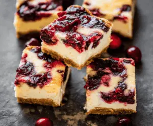 Delicious cranberry cheesecake bars with a creamy texture and vibrant red cranberries on top.