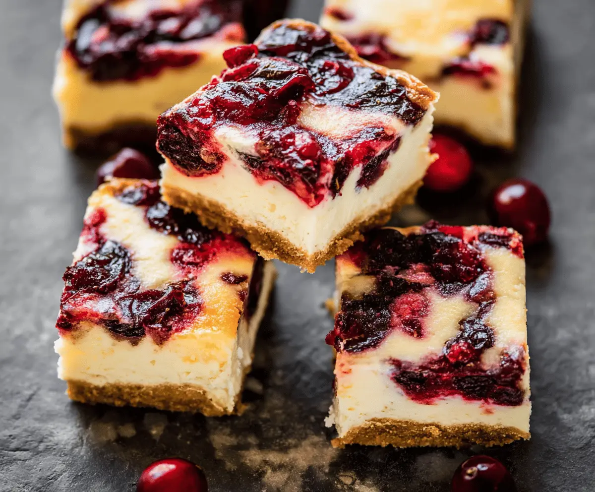 Delicious cranberry cheesecake bars with a creamy texture and vibrant red cranberries on top.