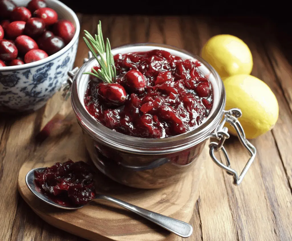 Vibrant cranberry chutney in a glass bowl, garnished with fresh herbs for a holiday appetizer.