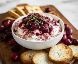 Delicious cranberry cream cheese dip served with fresh crackers and colorful fruit for a festive appetizer.