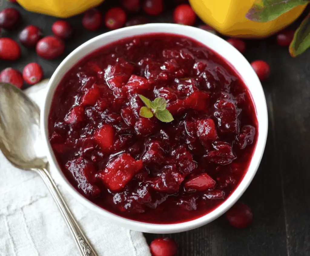 Bright cranberry mango sauce in a bowl, showcasing a vibrant orange and red color, perfect for holiday dishes.