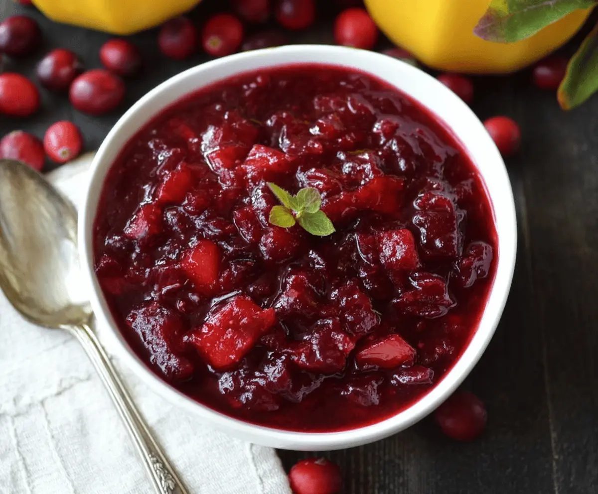 Bright cranberry mango sauce in a bowl, showcasing a vibrant orange and red color, perfect for holiday dishes.