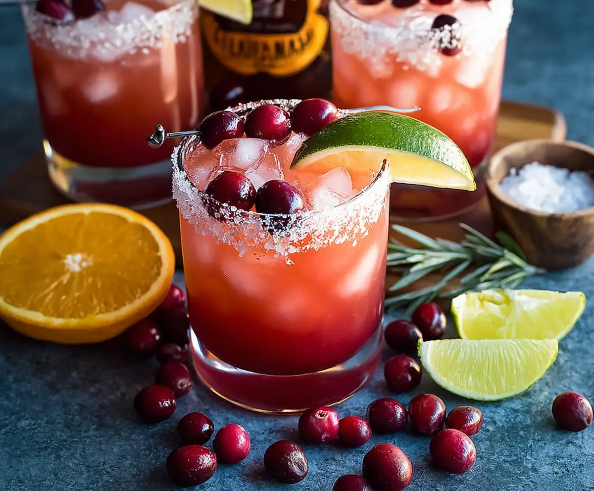 Cranberry Orange Margarita cocktail with fresh cranberries and orange slices on a festive background