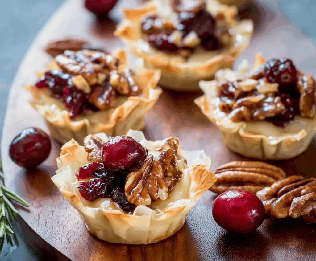 Delicious Cranberry Pecan Baked Brie Cups served as an elegant appetizer for parties.