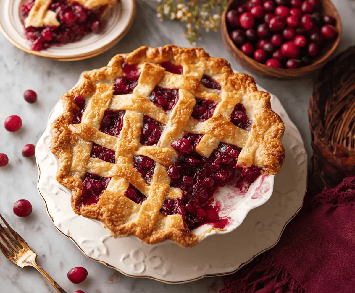Delicious homemade cranberry pie with a golden crust and vibrant red cranberries.