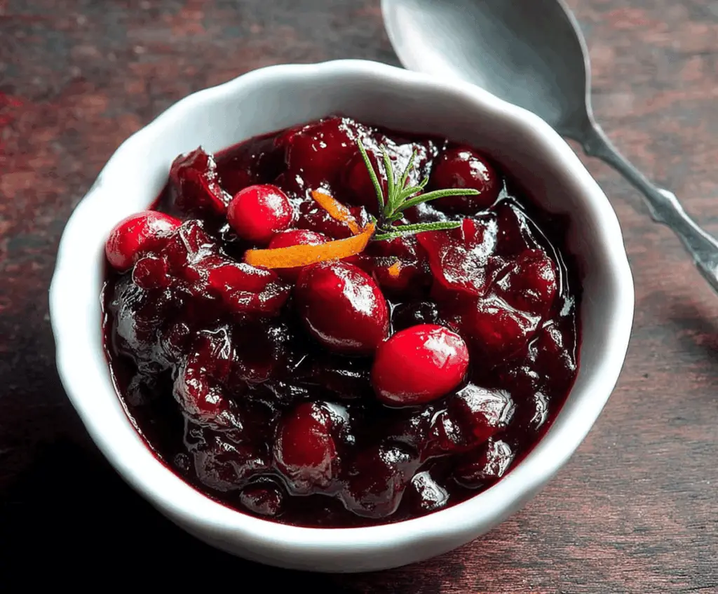 Delicious cranberry red wine sauce served in a glass jar, perfect for holiday dinners.