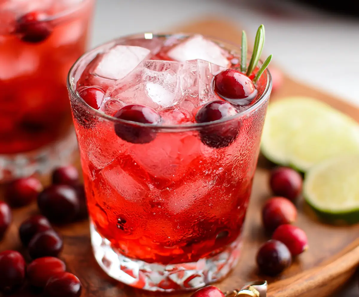 Refreshing cranberry vodka cocktail garnished with fresh cranberries and a sprig of mint in a elegant glass.