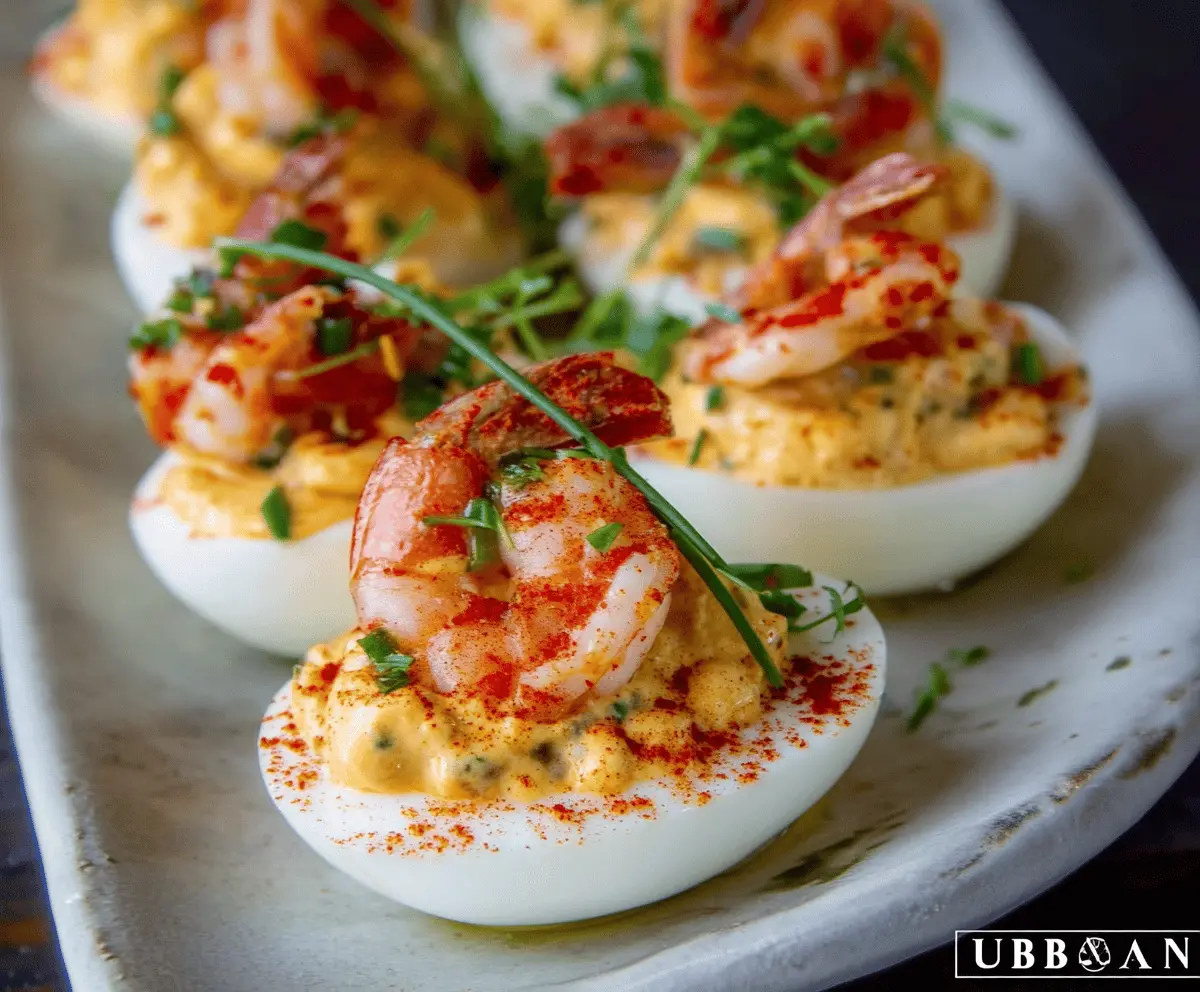 Delicious Crawfish Deviled Eggs with spicy seasoning and fresh herbs on a white plate